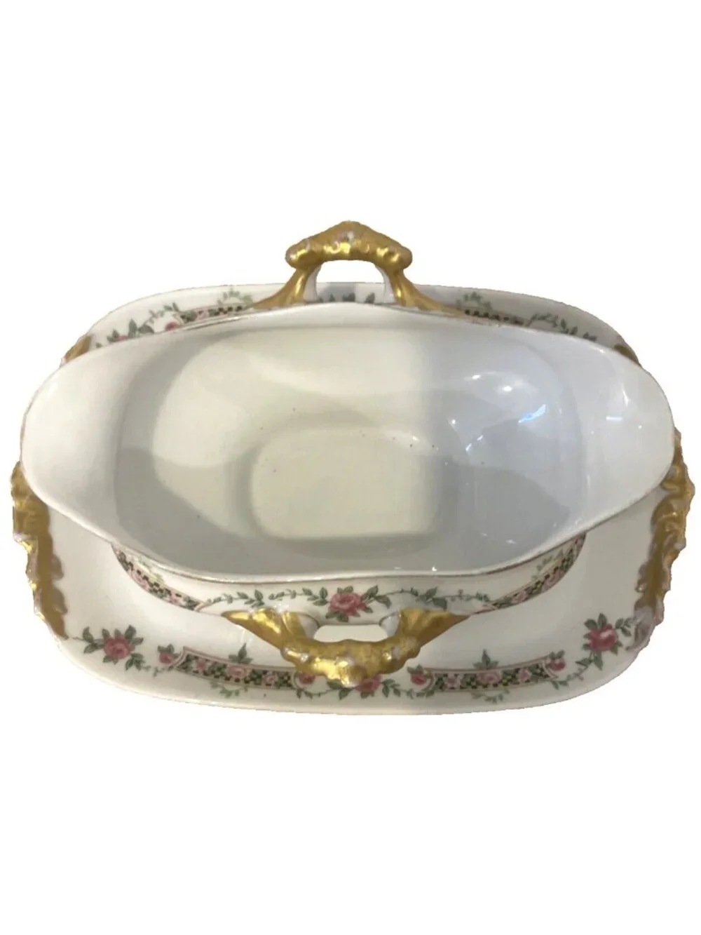 J Pouyat Limoges France Gold Gilt & Flowers Porcelain Gravy Boat Attached Plate
